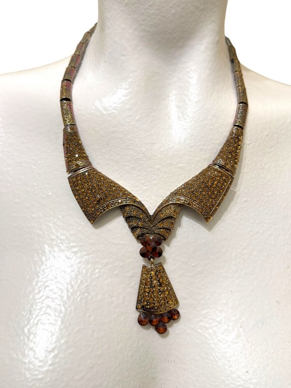Vintage Gold-Tone Ornate Necklace With Amber Crystal Pendant & Intricate Details - Picture 9 of 11